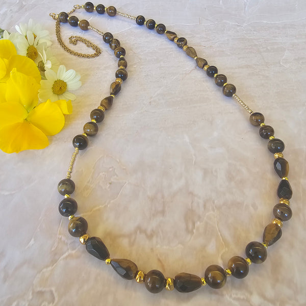 Long Tiger's Eye Necklace in Gold