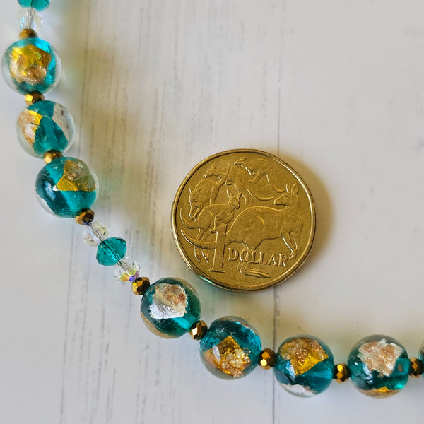Teal Gold and Silver Glass Necklace