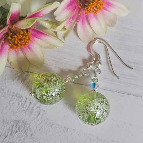 Lime Green Silver Foil Murano Glass Earrings