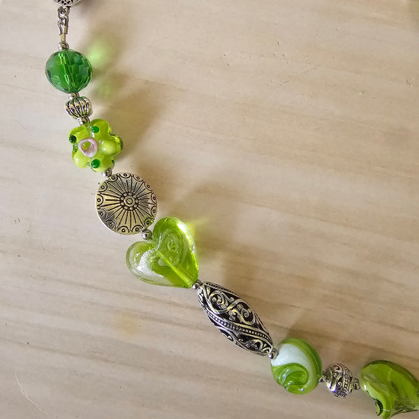 Long green beaded necklace