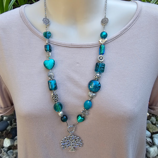 Long Teal Green Beaded Necklace