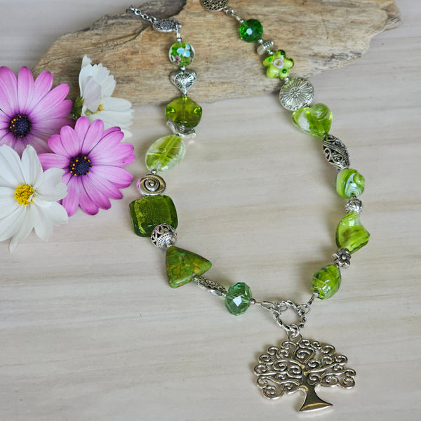 Long green beaded necklace