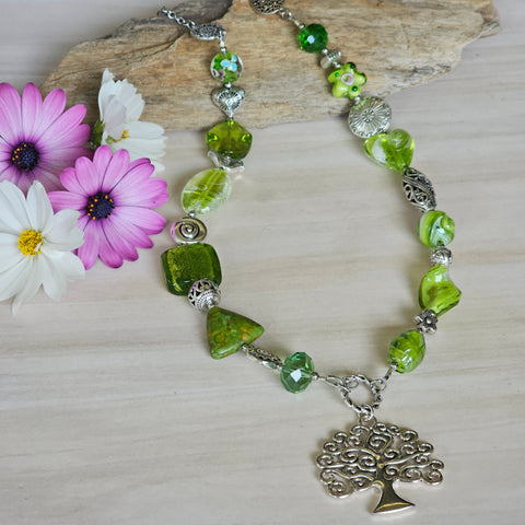 Long green beaded necklace