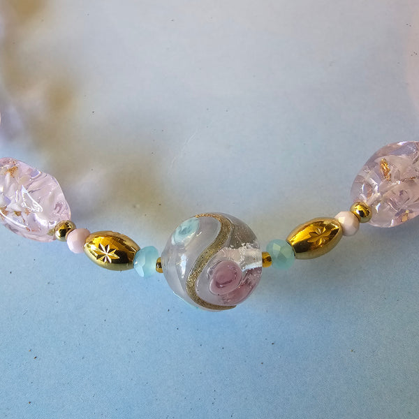Pink Glass Nugget and Lampwork Necklace