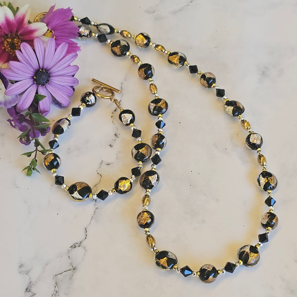 Black, Silver and Gold Glass Necklace - Short