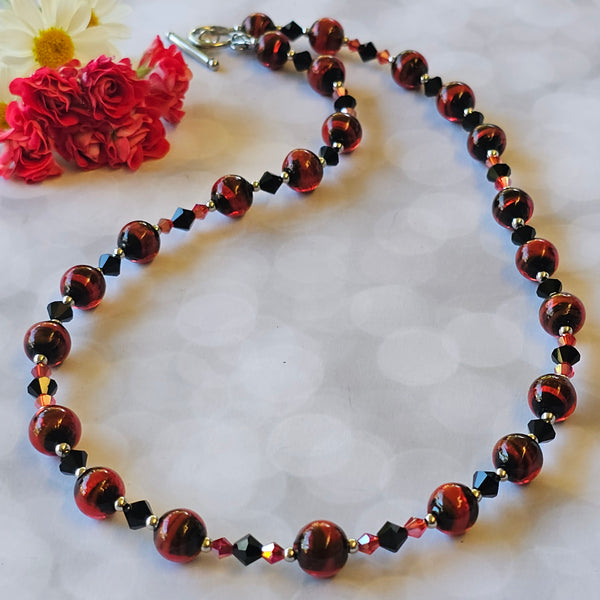 Red and Black Glass and Crystal Necklace