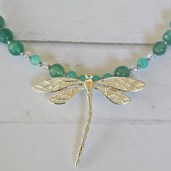 Green Aventurine and Crystal Dragonfly Necklace