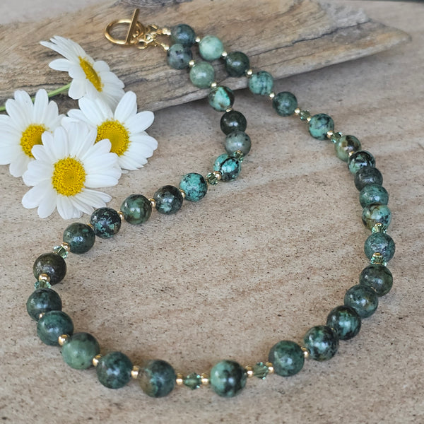 Green African Turquoise and Crystal Necklace