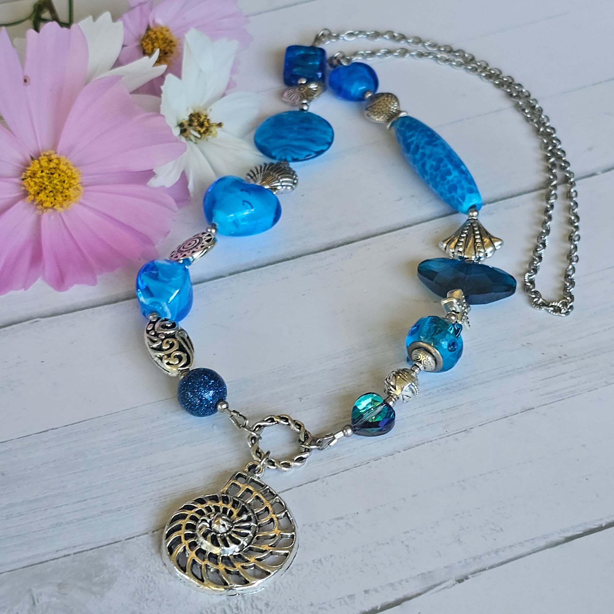 Long Aqua Blue beaded necklace