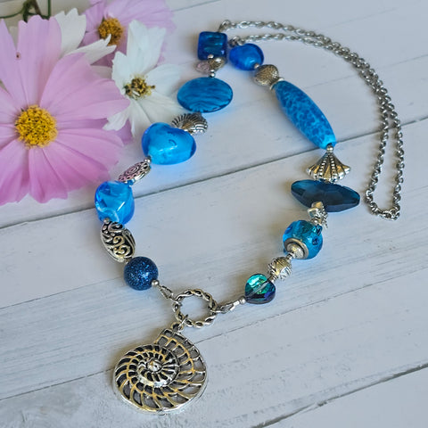 Long Aqua Blue beaded necklace