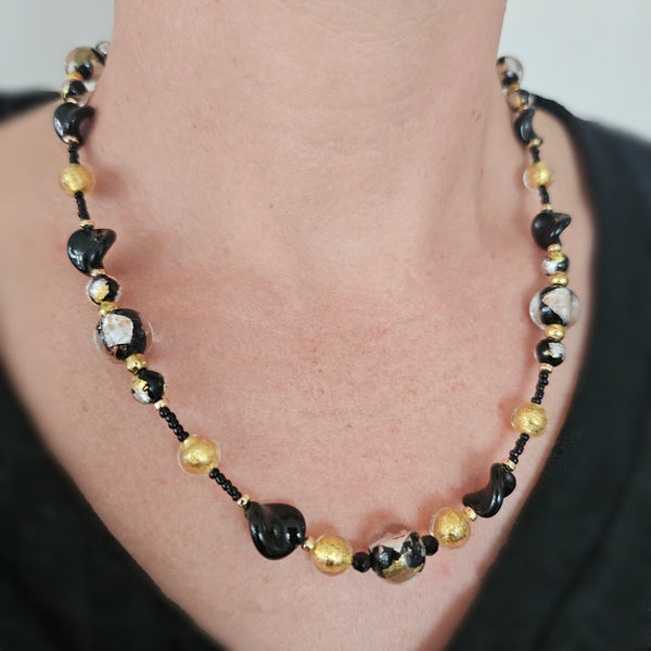 Black, Silver and Gold Murano Glass Necklace