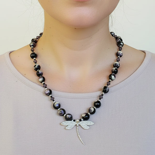 Purple, Silver and Black Glass Necklace