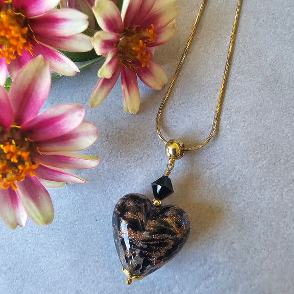 Black Murano Glass Bronze Sparkle Heart Pendant