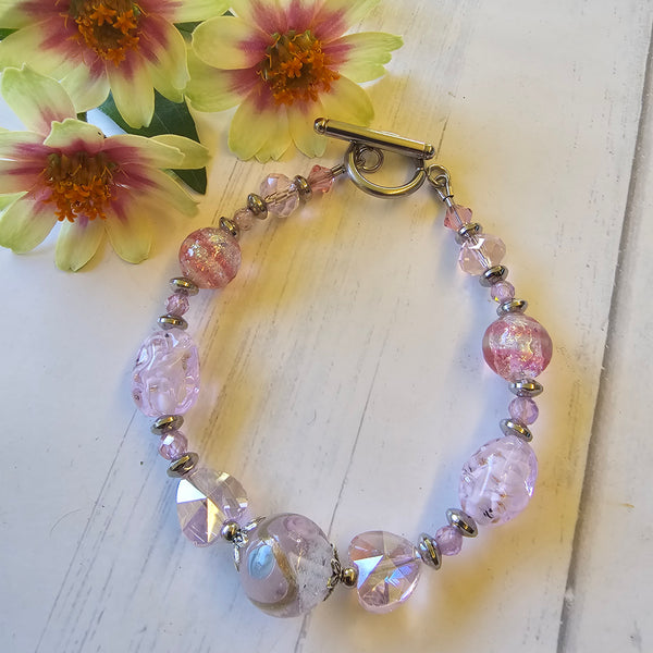 Pale Pink Glass Beaded Bracelet - 20.5cm