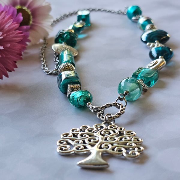 Long Teal Green Beaded Necklace