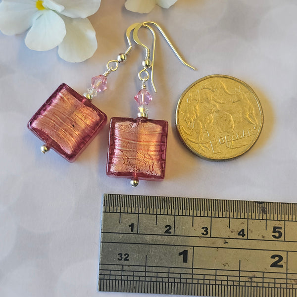 Pink Murano Glass White Gold Foil Square Earrings