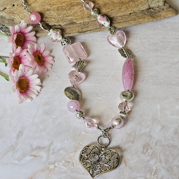 Long pink beaded necklace