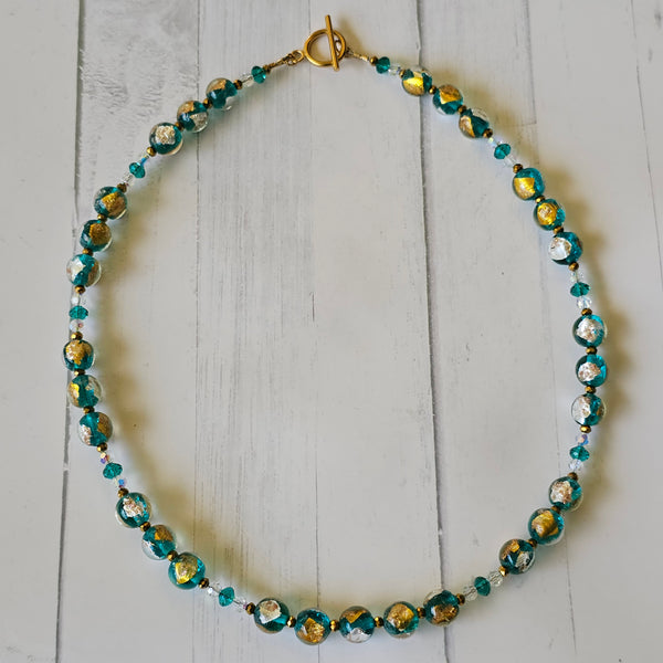 Teal Gold and Silver Glass Necklace