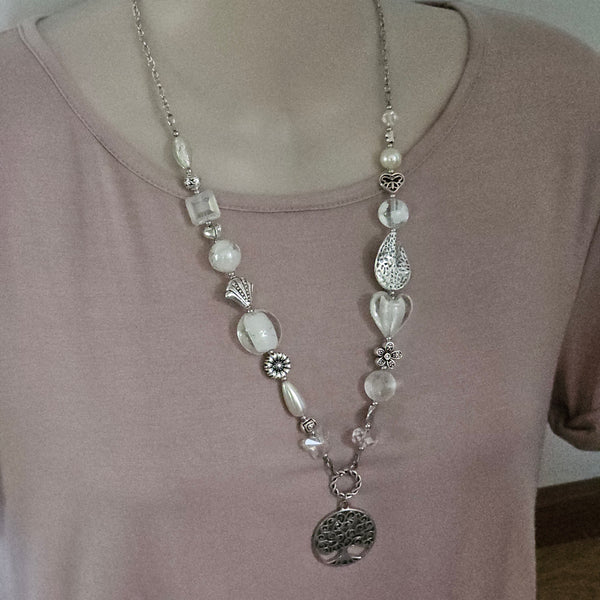 Long white beaded necklace