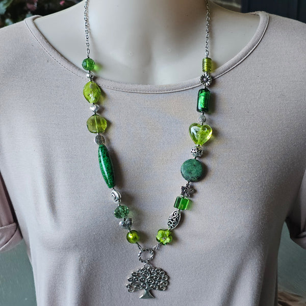 Long green beaded necklace