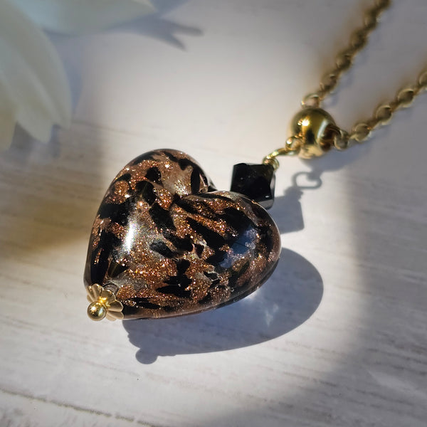 Black Murano Glass Bronze Sparkle Heart Pendant