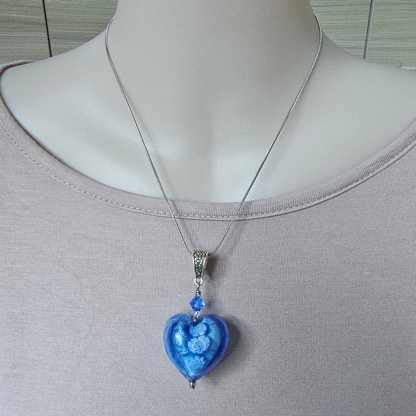 Blue Millefiori and White Gold Foil Heart Pendant