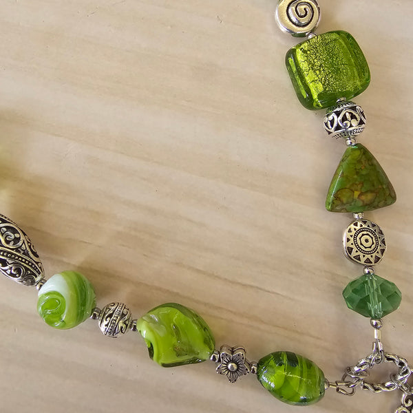 Long green beaded necklace