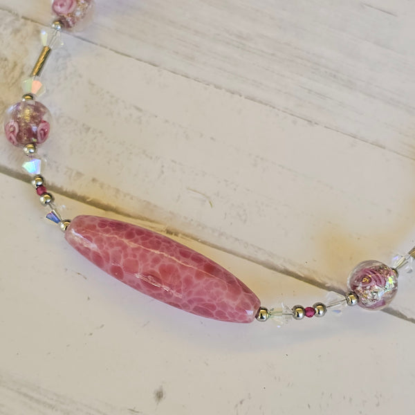 Pink Speckled Glass and Crystal Necklace