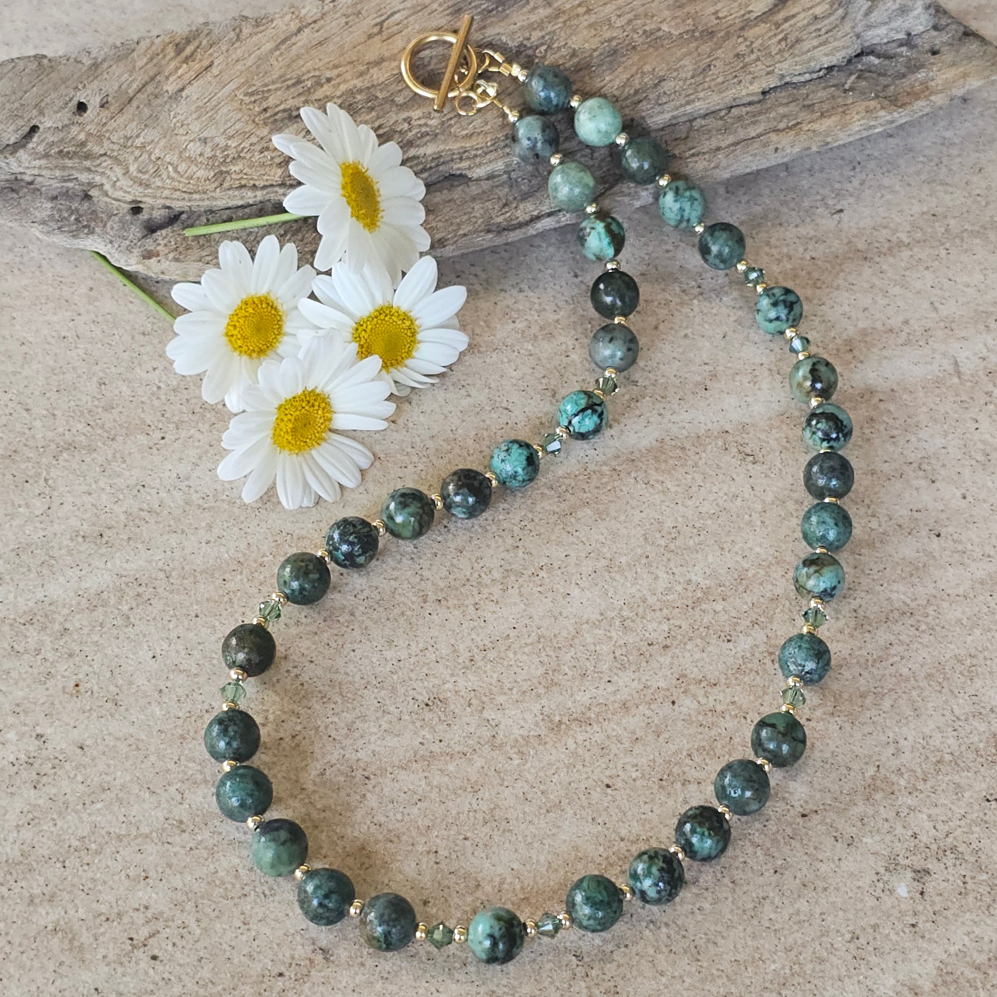 Green African Turquoise and Crystal Necklace