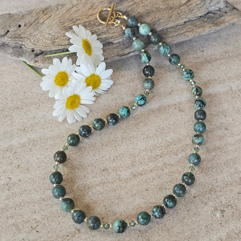 Green African Turquoise and Crystal Necklace