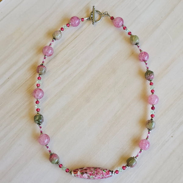 Green and Pink Gemstone and Glass Necklace