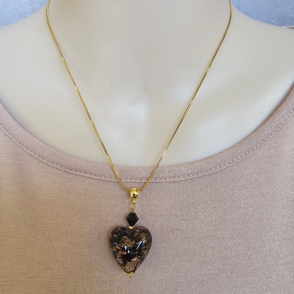 Black Murano Glass Bronze Sparkle Heart Pendant