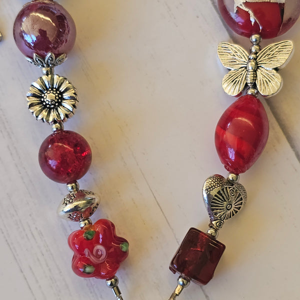 Long red beaded necklace