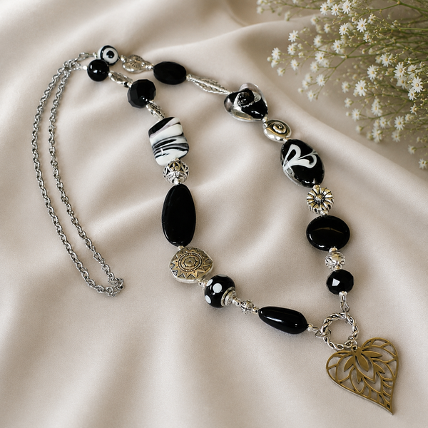 Long Black Necklace with Heart