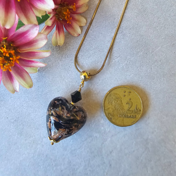 Black Murano Glass Bronze Sparkle Heart Pendant