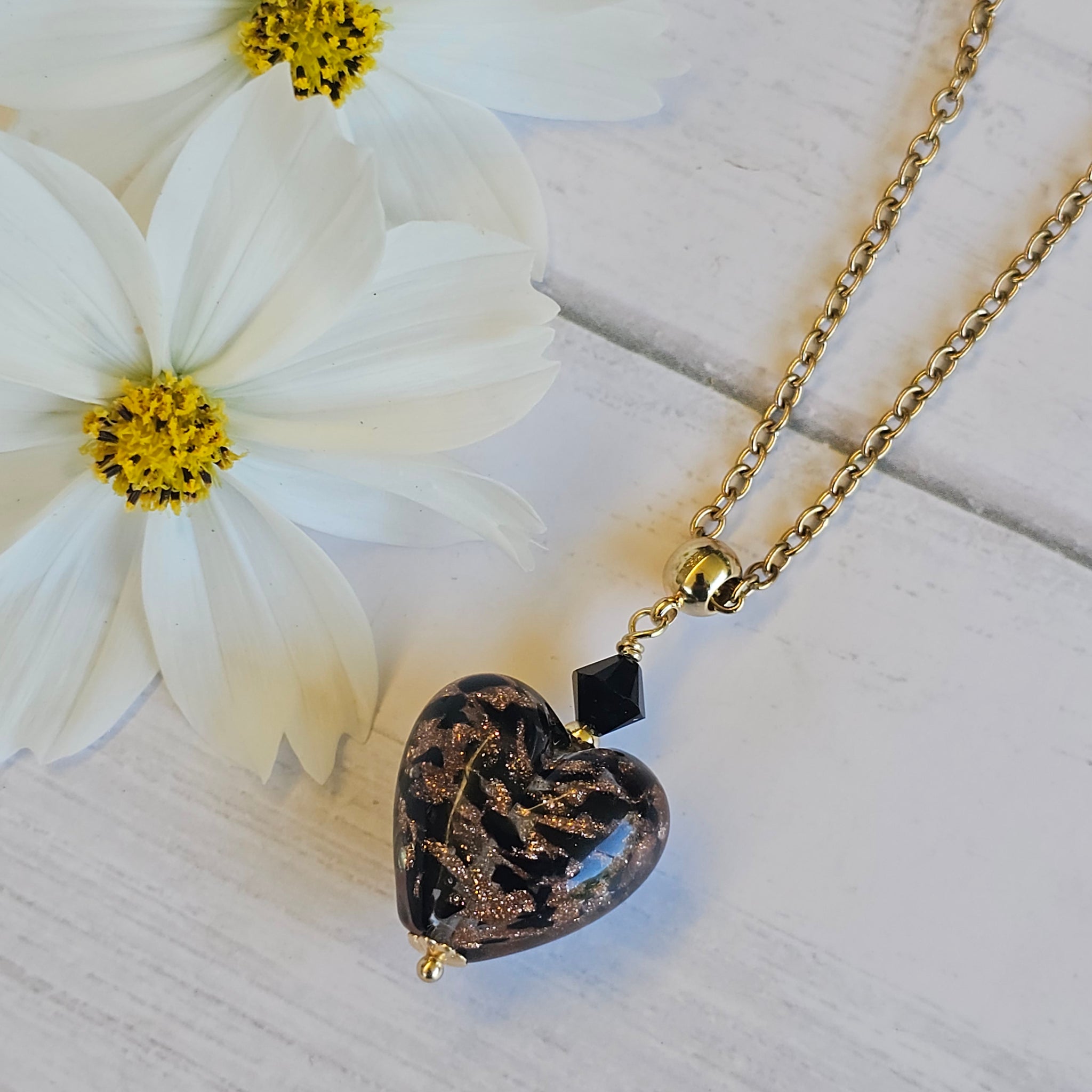 Black Murano Glass Bronze Sparkle Heart Pendant