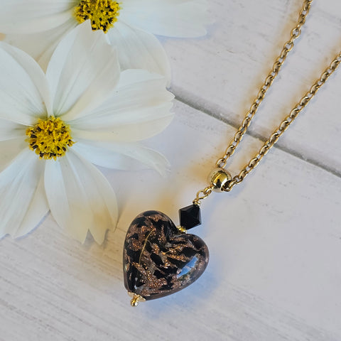 Black Murano Glass Bronze Sparkle Heart Pendant