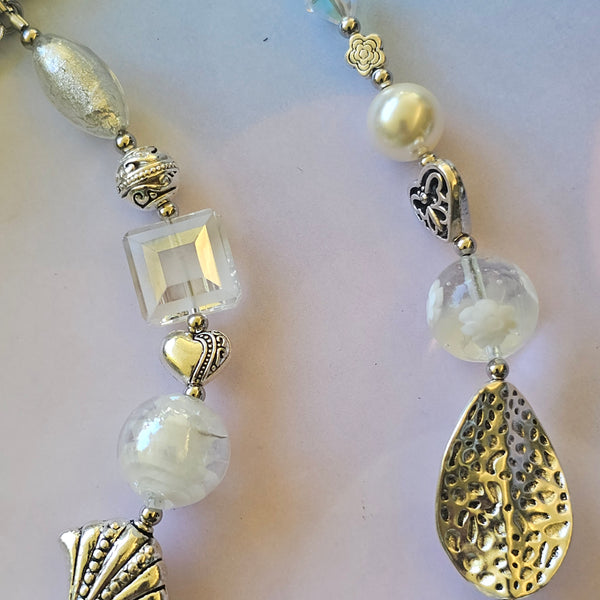 Long white beaded necklace