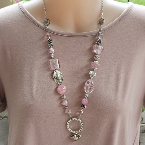 Long Pink Beaded Necklace