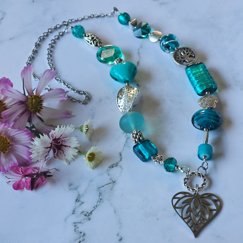 Long Teal green  beaded necklace