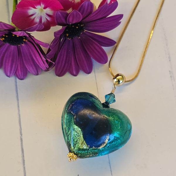 Blue and Green Murano Glass Heart Pendant