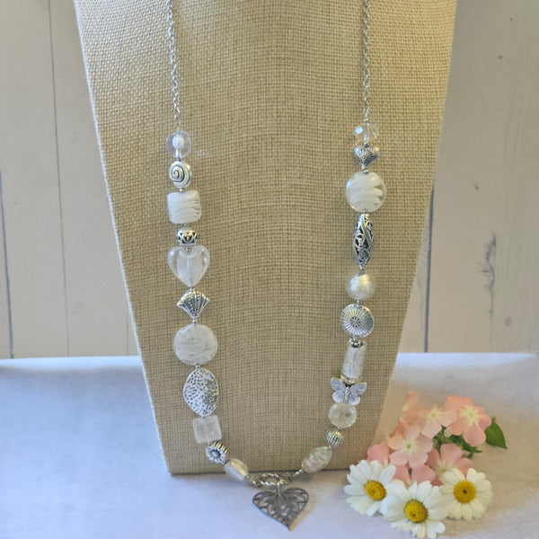 Long white beaded necklace