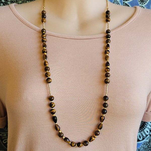 Long Tiger's Eye Necklace in Gold