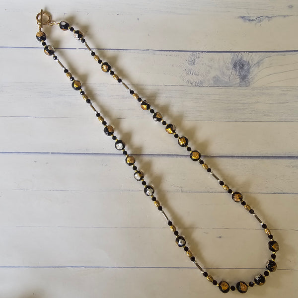 Black, Silver, Gold Glass Beaded Necklace