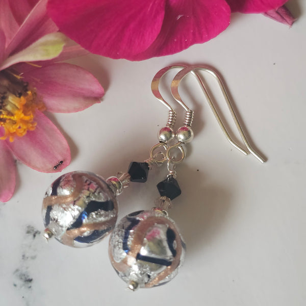 Silver, Black and Bronze Murano Glass Earrings