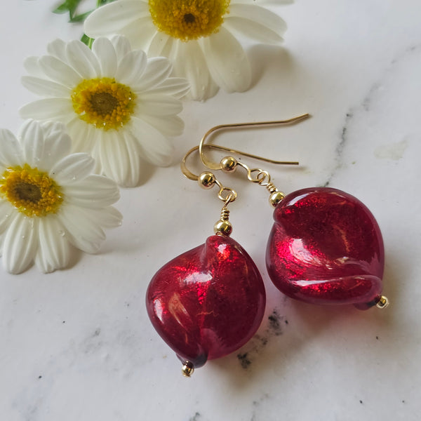Ruby Red Murano Glass Twist Earrings