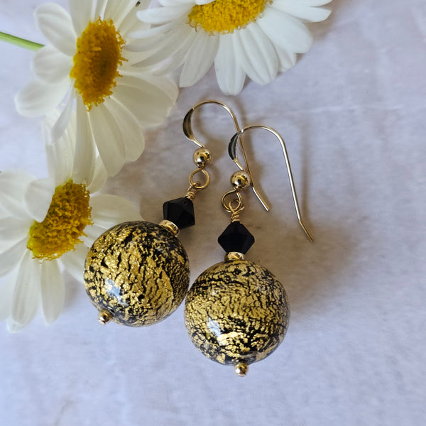 Black and Gold Murano Glass Earrings