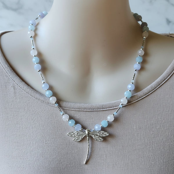 Pastel Faceted Gemstone Dragonfly Necklace
