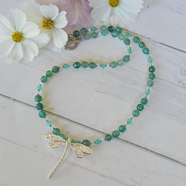 Green Aventurine and Crystal Dragonfly Necklace