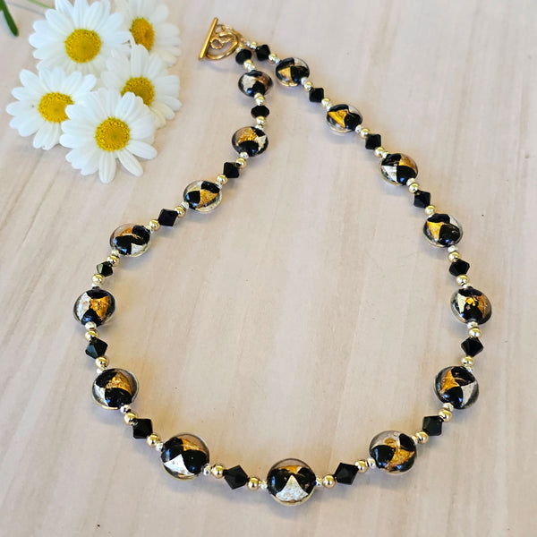 Black Silver and Gold Glass Necklace